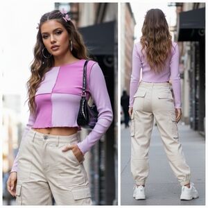 NWOT SHEIN S Y2K Indie Sleeze Barbie Grunge Pink Patchwork Ribbed Crop Top